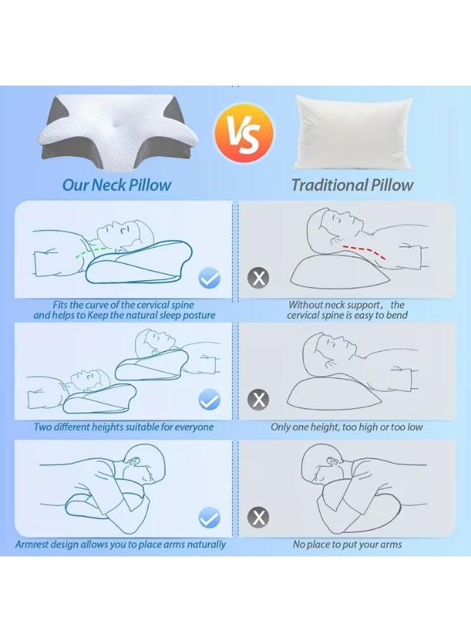 memory Neck Support Cervical Pillow for Sleep, Contour Memory Foam Pillow for Side Back, and Stomach Sleepers - Ergonomic Cervical Pillow with Machine Washable Pillowcase 63x35x13/10CM - Image 4