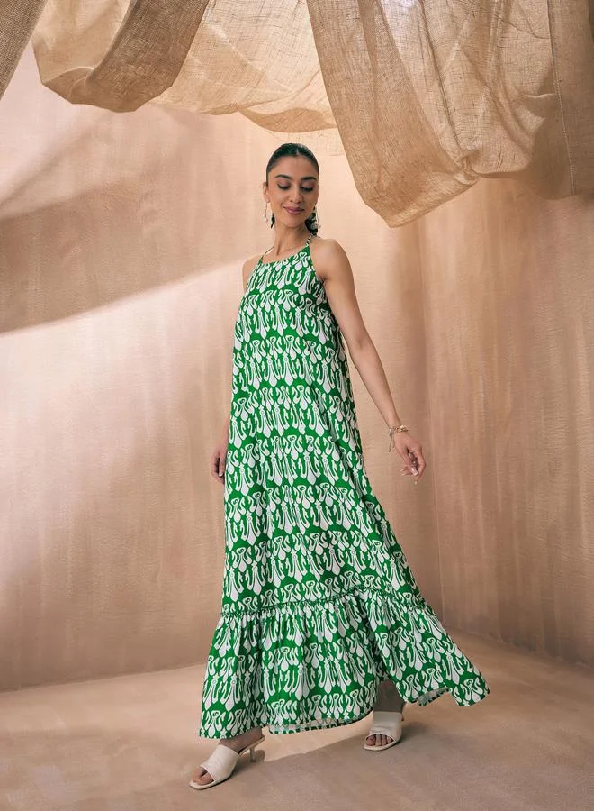 SASSAFRAS Printed Halter Maxi Dress