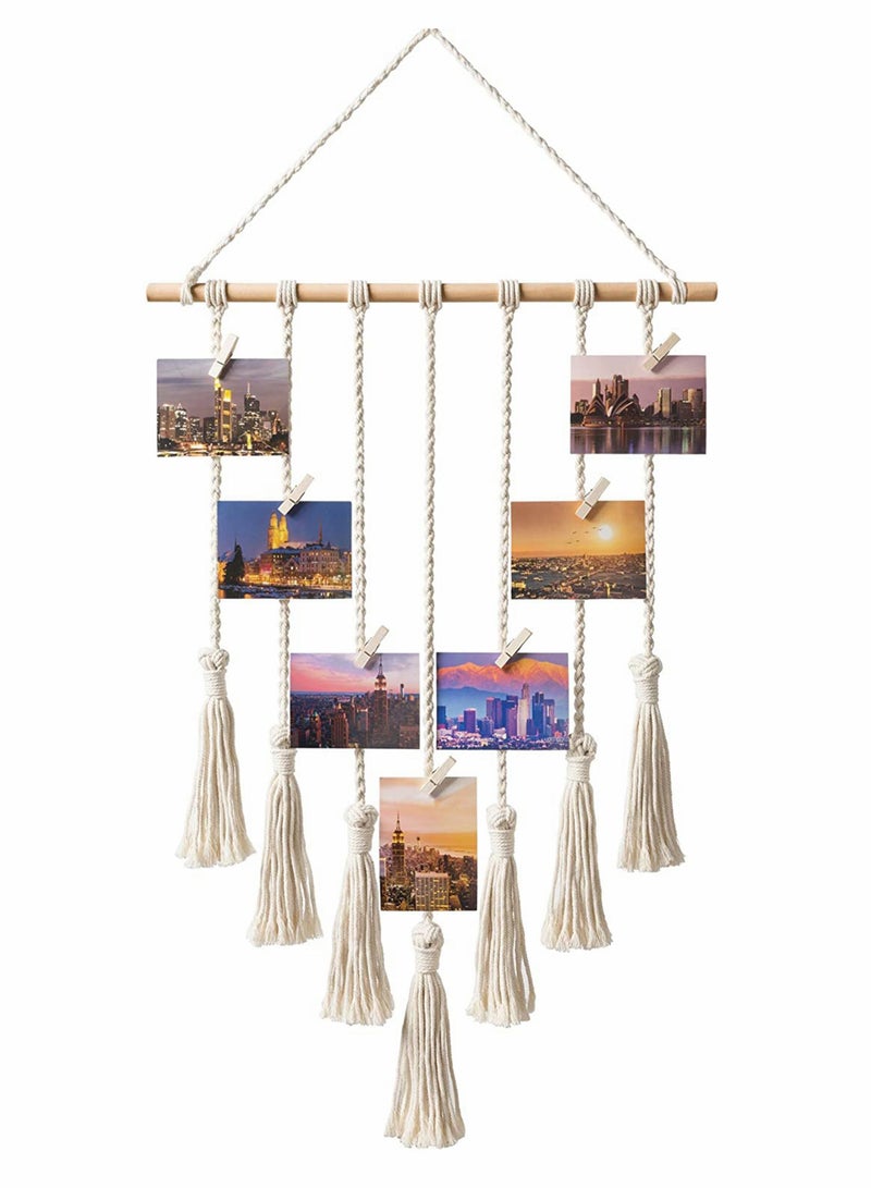 Y&D Macrame Wall Hanging Photo Card Display With Wood Clips Pictures Organizer Bohemian Handmade Woven Tapestry Home Decor, 27"L x 17''W - Image 1