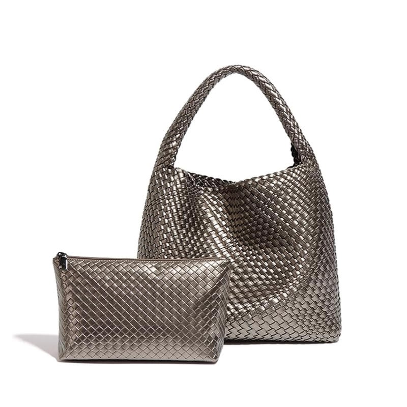 Woven Bag Vegan Leather Hobo handbags for Women Tophandle Shoulder Tote Braided Bag Underarm Purse Sliver GrayA