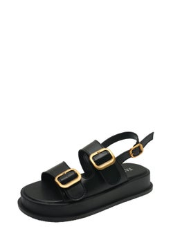 Casual Platform Sandals Womens Summer 2024 Fashion Double Row Metal Buckle Roman Sandals round Toe Composite Bottom PU Lining Black Upgrade