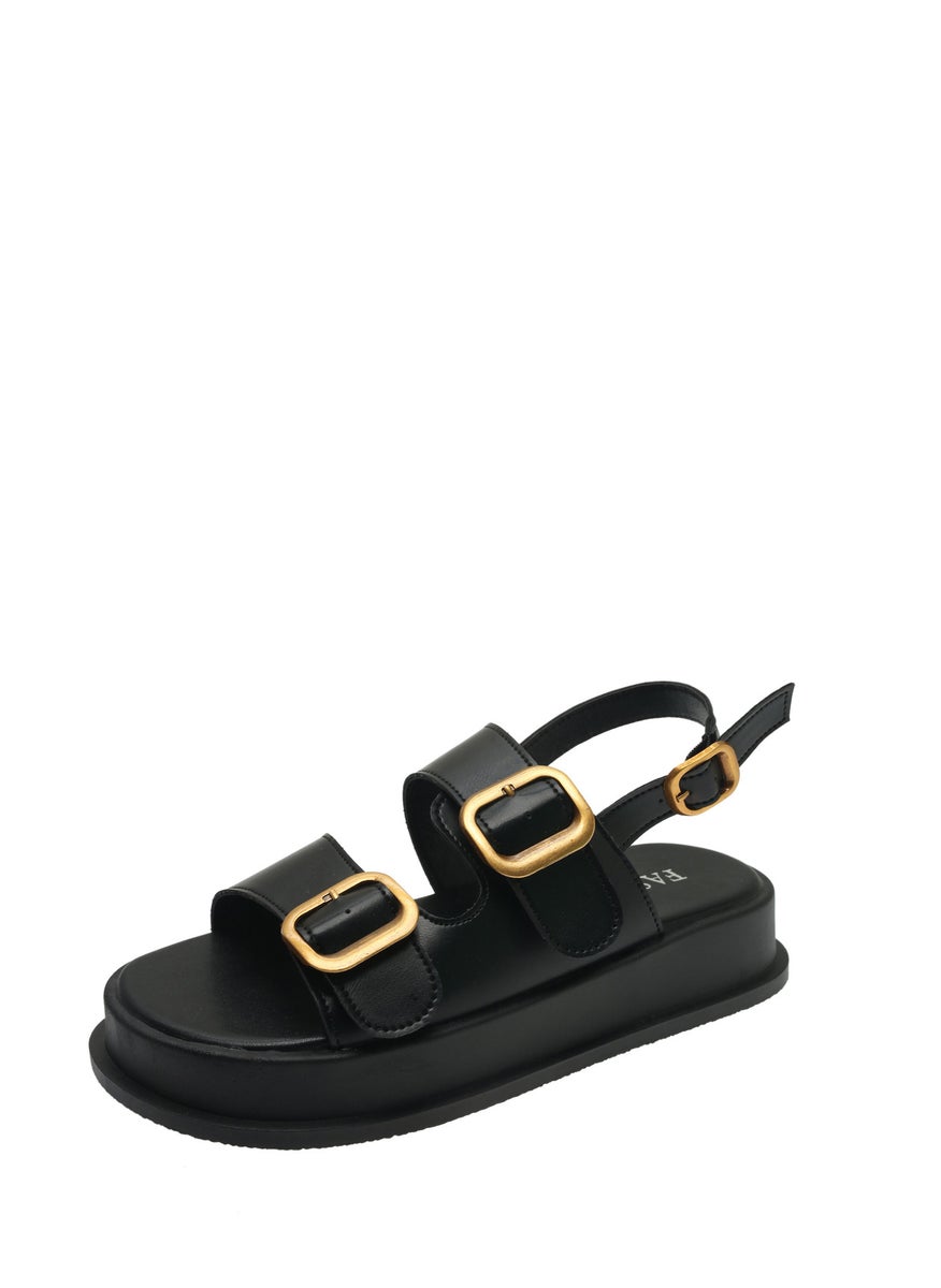 Generic - Casual Platform Sandals Womens Summer 2024 Fashion Double Row Metal Buckle Roman Sandals round Toe Composite Bottom PU Lining Black Upgrade - Image 1