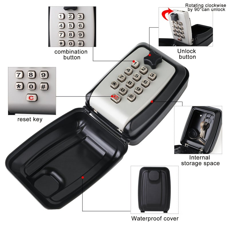 Wall Mounted Key Lock Box Black Security Combination Storage For Outdoor Home Office Garage Use 12 Digit Code Access - Image 4
