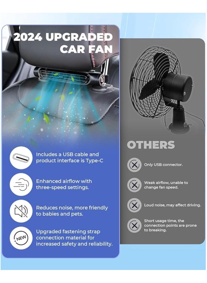 Car Seat Fan | Headrest Cooling Fan for Front and Rear Seat | Three Wind Levels |Built-in Twin Turbo | USB Powered | Adjustable Angle