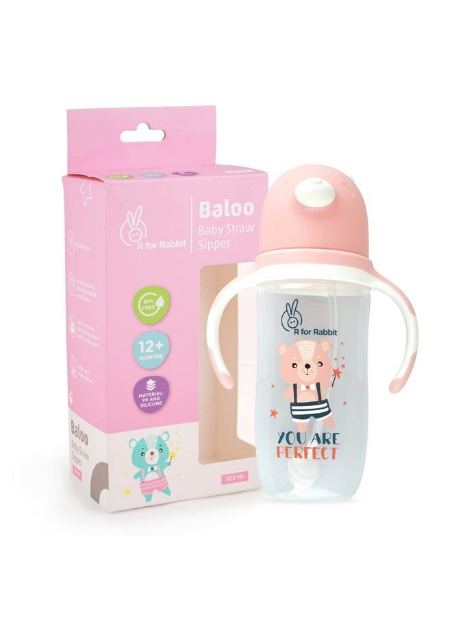 R for Rabbit Premium Baloo Baby Straw Sipper Bottle |10 Fl Oz | Anti Spill Sippy Cup With Soft Silicone Straw Bpa Free & Non Toxic For Baby Or Kids Of 12+ Months -(300 Ml Pink)  - Image 1