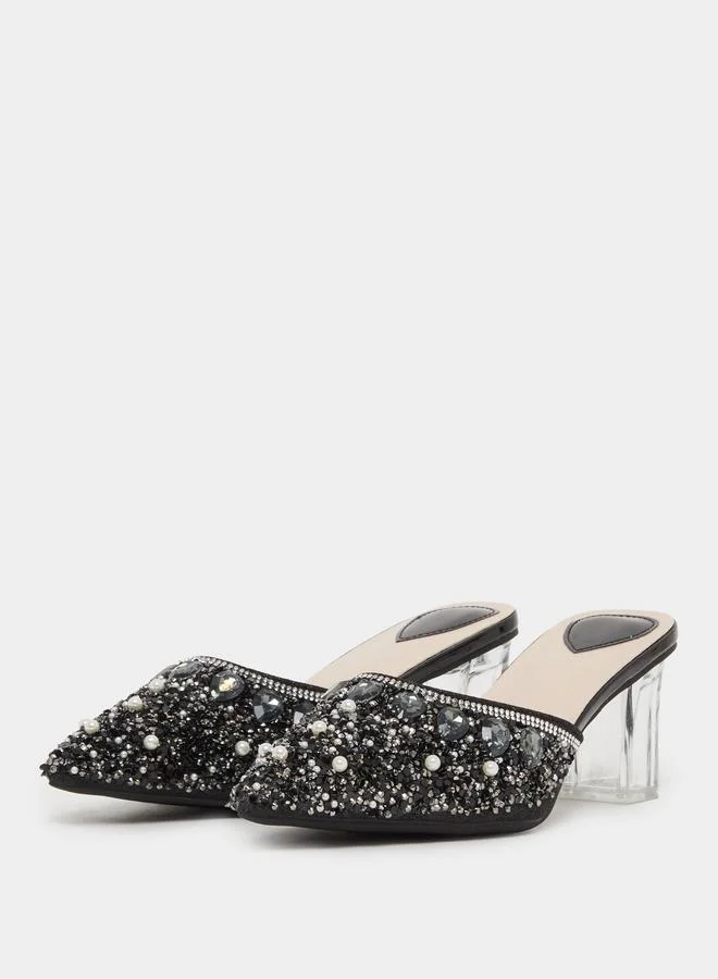 Take Two Black Embellished Transparent Heel Mules