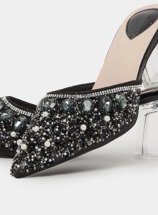 Take Two Black Embellished Transparent Heel Mules