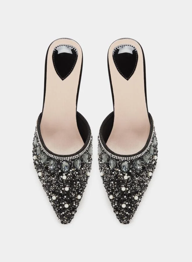 Take Two  Black Embellished Transparent Heel Mules for Women | Best Price UAE