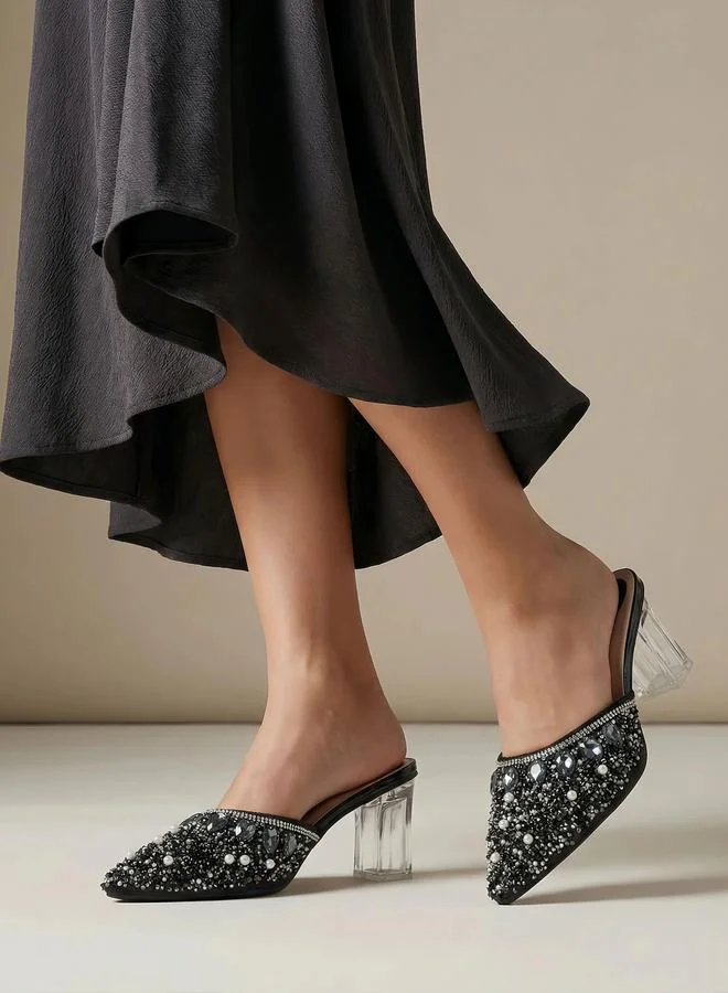 Take Two  Black Embellished Transparent Heel Mules for Women | Best Price UAE