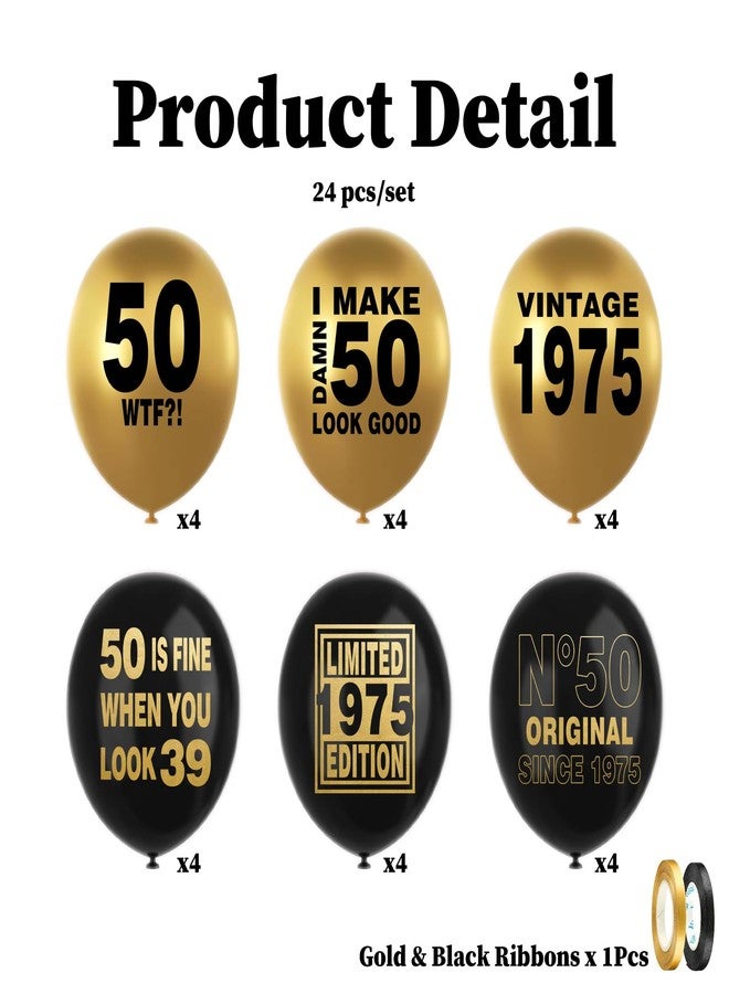 ELEFOCUS 50th Black and Gold Balloons for 50th Birthday Party Decorations, Balloons designed specifically for a 50th birthday, 12inch Latex 24pcs Balloons for Party Supply - Image 2
