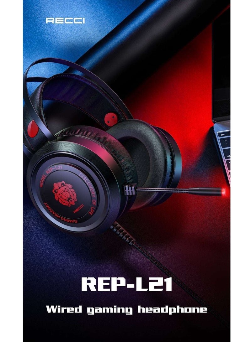 Recci REP-L21 Wired Gaming Headset - 50mm Surround Sound, Noise-Cancelling Microphone & LED Light-BLACK - Image 5