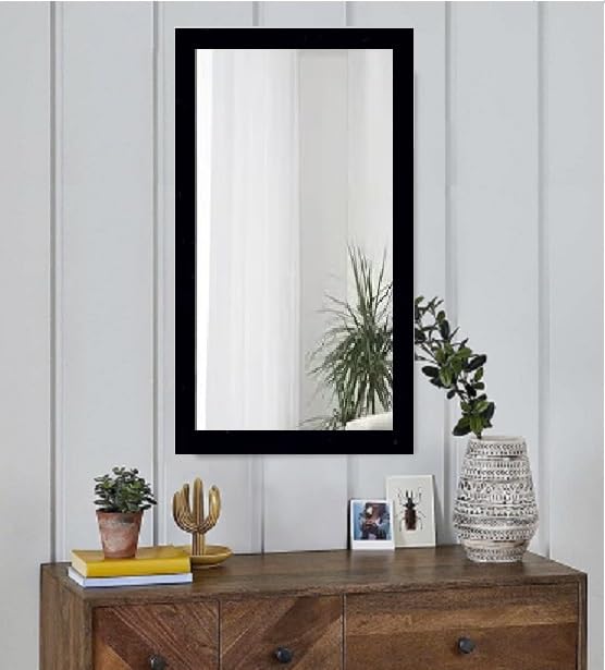 SEVEN HORSES Black Wall Rectangular Mirror for Dressing,Bathroom,Hallway,Washbesin Fiber Wood Made (Size 14.5X26.5 Inch) - Image 1