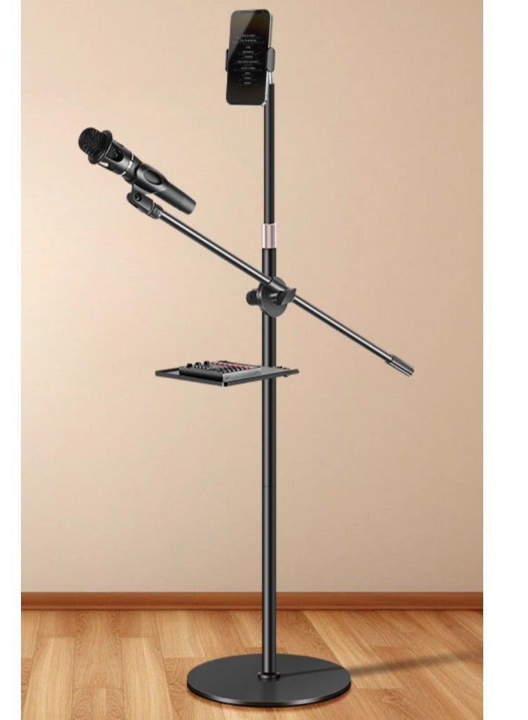 XiuWoo Foldable Carbon Steel Floor Microphone Stand With Sound Card Tray and Phone Clip,Height Adjustable 97-182cm, for 24 - 45mm Mics - Image 2