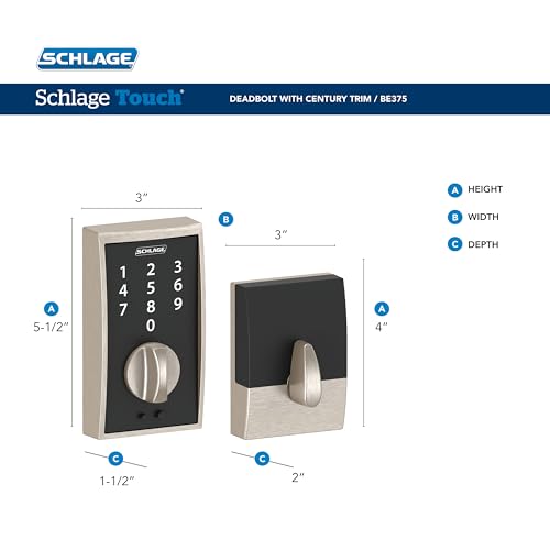 Schlage BE375 CEN 619 Touch Century Deadbolt, Electronic Keyless Entry Lock, Satin Nickel - Image 3