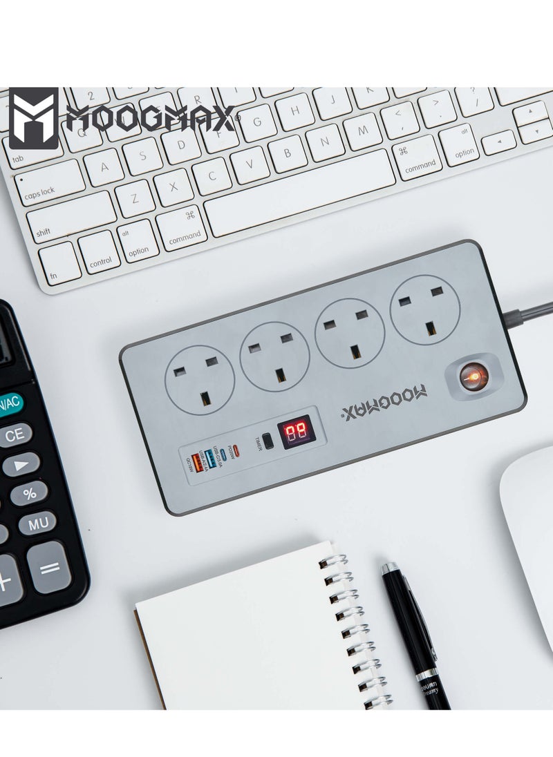 BATUM Multiple cord Extension 2990W, with Four-socket, two Type-C ports support fast charging up to 20W and two USB-A ports compatible with most devices, an electrical strip equipped with an automatic shut-off timer (For all electrical outlets) and an on/off button, a fire-safe socket up to 750 C, certified with quality and safety (SASO, GCC and RoHS) certificates. 5 meters long. From Moogmax