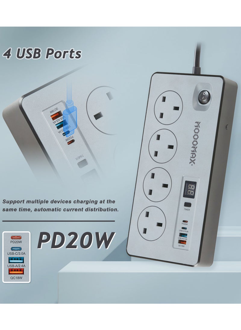 BATUM Multiple cord Extension 2990W, with Four-socket, two Type-C ports support fast charging up to 20W and two USB-A ports compatible with most devices, an electrical strip equipped with an automatic shut-off timer (For all electrical outlets) and an on/off button, a fire-safe socket up to 750 C, certified with quality and safety (SASO, GCC and RoHS) certificates. 5 meters long. From Moogmax