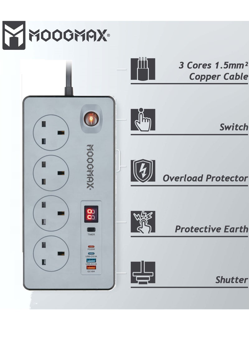 BATUM Multiple cord Extension 2990W, with Four-socket, two Type-C ports support fast charging up to 20W and two USB-A ports compatible with most devices, an electrical strip equipped with an automatic shut-off timer (For all electrical outlets) and an on/off button, a fire-safe socket up to 750 C, certified with quality and safety (SASO, GCC and RoHS) certificates. 5 meters long. From Moogmax