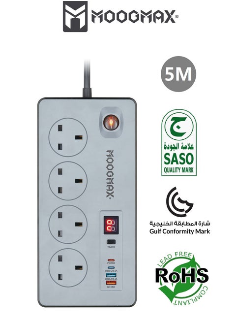 BATUM Multiple cord Extension 2990W, with Four-socket, two Type-C ports support fast charging up to 20W and two USB-A ports compatible with most devices, an electrical strip equipped with an automatic shut-off timer (For all electrical outlets) and an on/off button, a fire-safe socket up to 750 C, certified with quality and safety (SASO, GCC and RoHS) certificates. 5 meters long. From Moogmax
