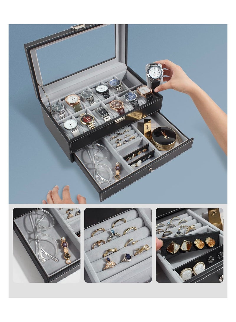BWSJ Watch Box 12 Slot Watch Display Organizer Leather Jewelry Case Drawer Glass Birthday for Men Women, Child Husband Dad - Image 2