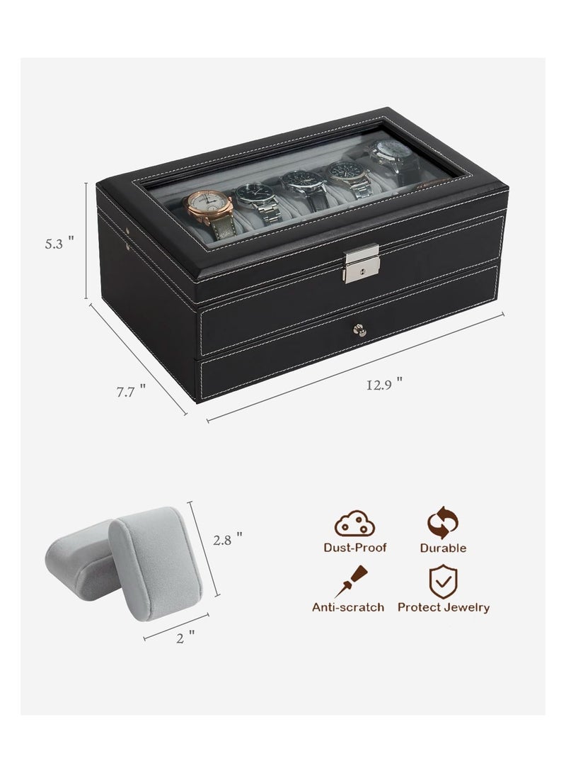 BWSJ Watch Box 12 Slot Watch Display Organizer Leather Jewelry Case Drawer Glass Birthday for Men Women, Child Husband Dad - Image 5