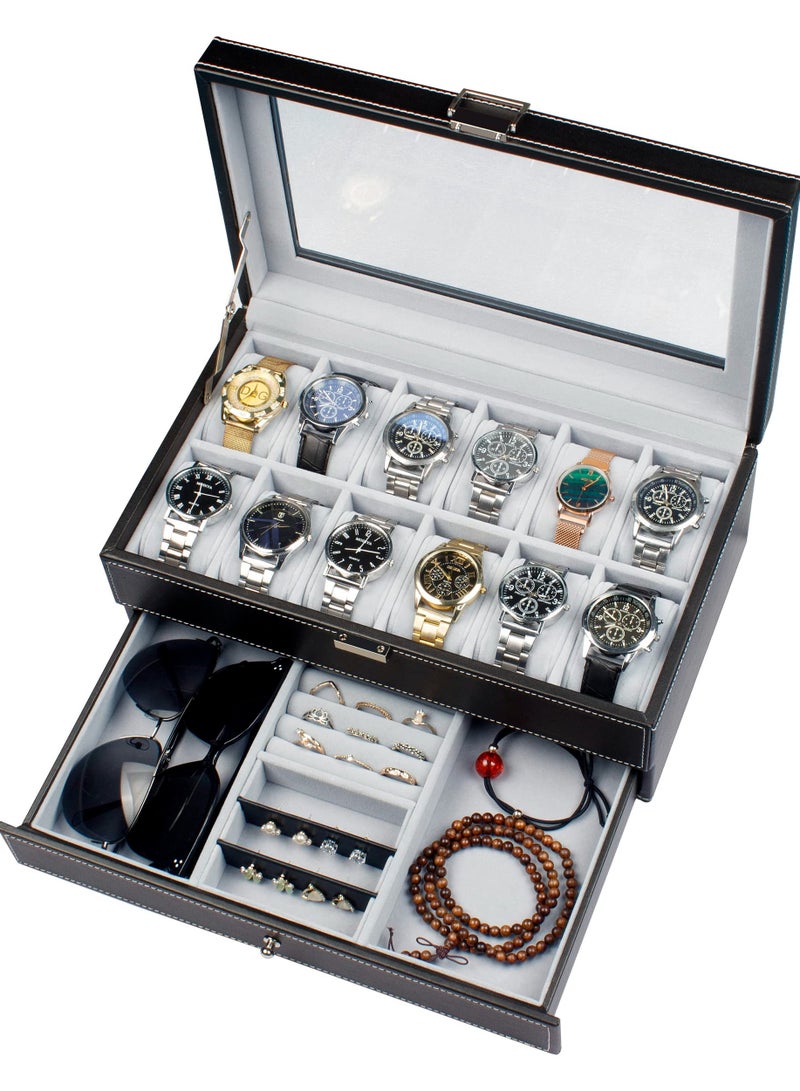 BWSJ Watch Box 12 Slot Watch Display Organizer Leather Jewelry Case Drawer Glass Birthday for Men Women, Child Husband Dad - Image 1