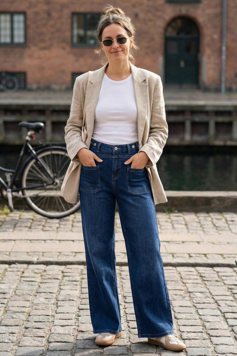 Arach&Cloz Wide Leg Jeans Woman Fashion Stretchy Baggy Jeans High Waisted Trousers Adjustable Wasit with Button Casual Trendy Loose Denim Straight Pants with Pockets Dark Blue M - Image 4