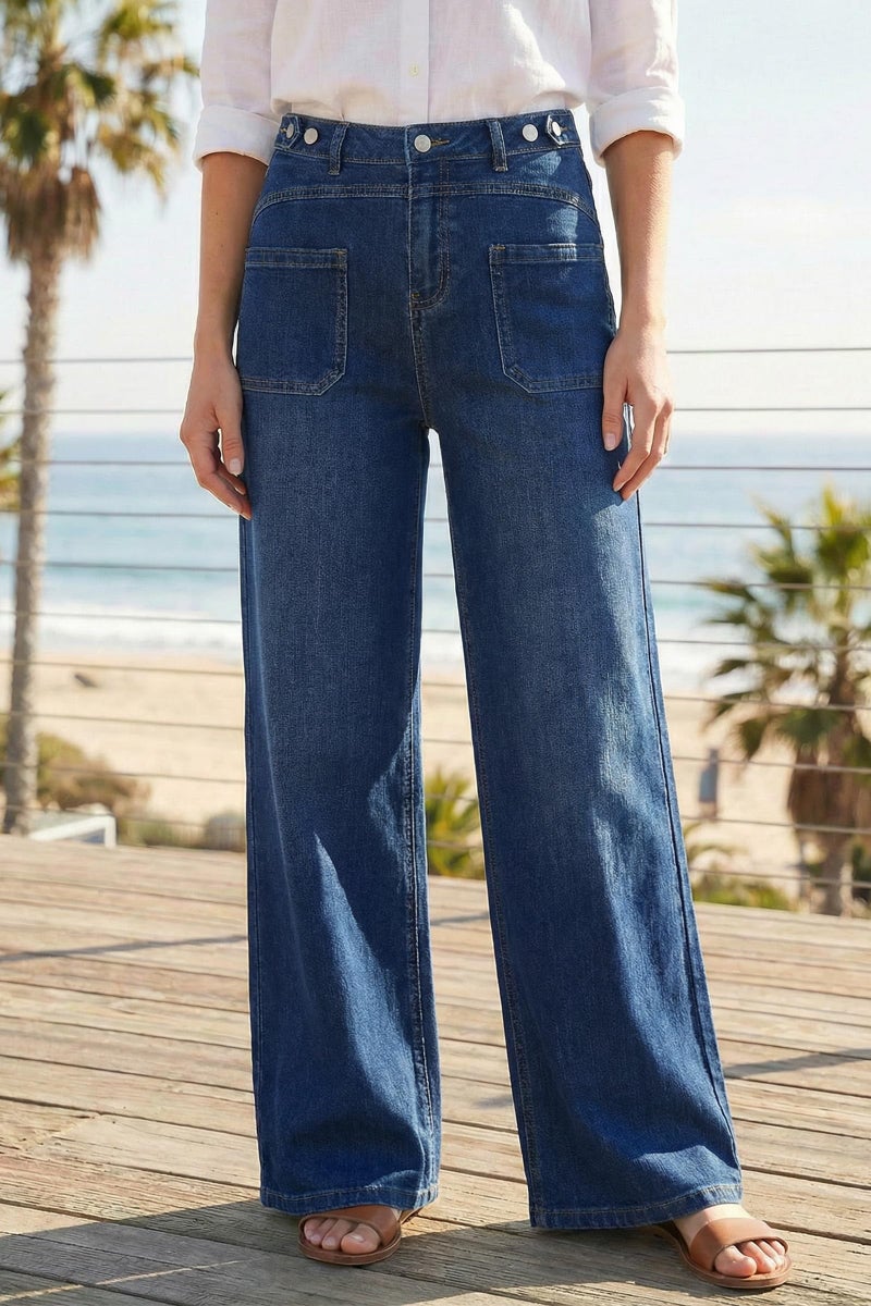 Arach&Cloz Wide Leg Jeans Woman Fashion Stretchy Baggy Jeans High Waisted Trousers Adjustable Wasit with Button Casual Trendy Loose Denim Straight Pants with Pockets Dark Blue M - Image 3