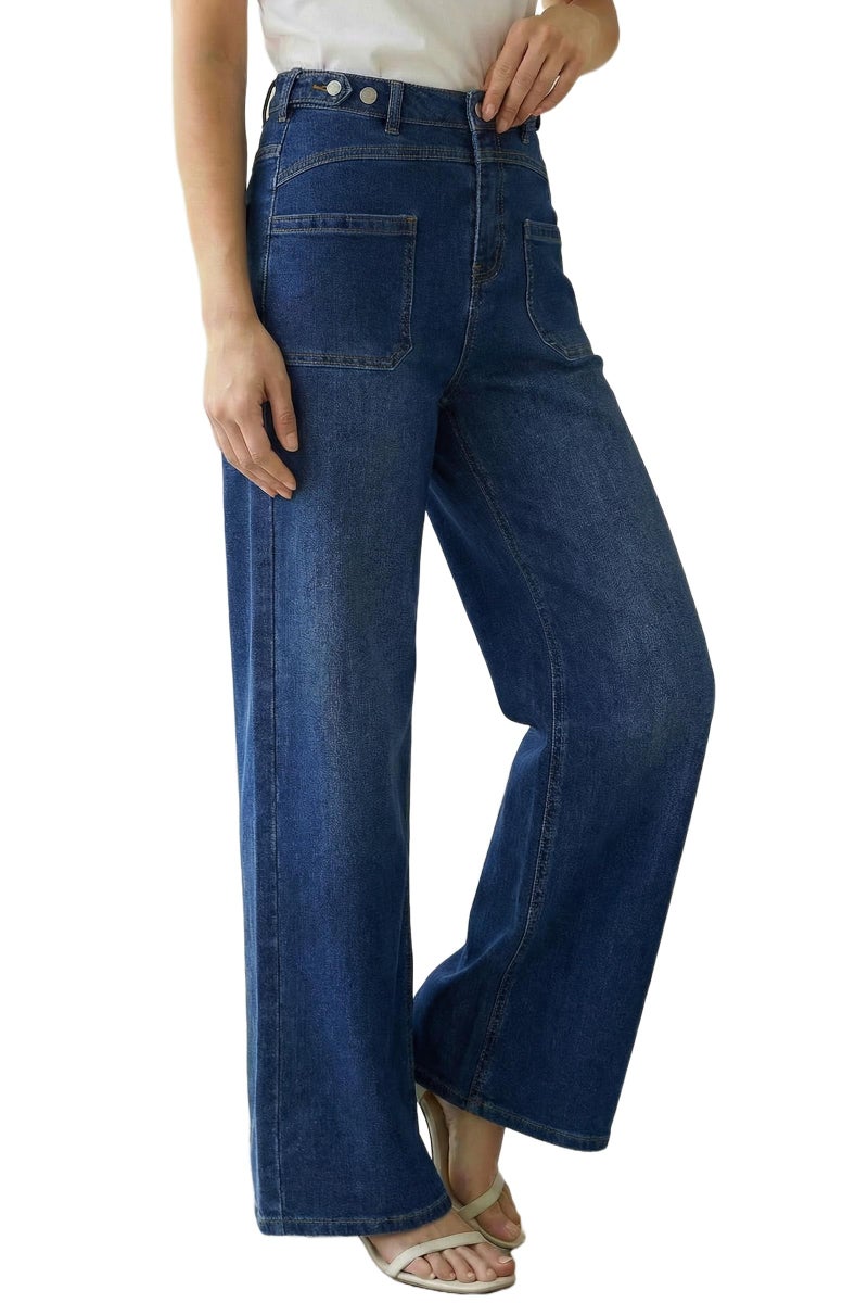 Arach&Cloz Wide Leg Jeans Woman Fashion Stretchy Baggy Jeans High Waisted Trousers Adjustable Wasit with Button Casual Trendy Loose Denim Straight Pants with Pockets Dark Blue M - Image 1