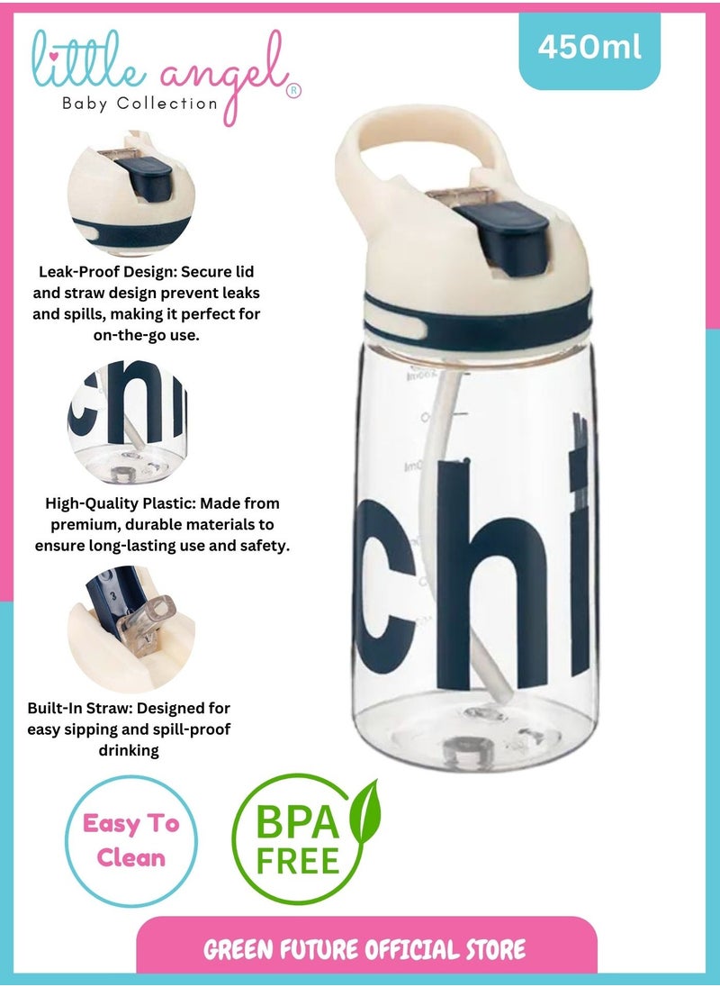 Little Angel Kids Water Bottle with Straw 450ml Lightweight Leakproof Portable with Handle for School Outdoor Sports Travel CHIL Design - Color White  - Image 2