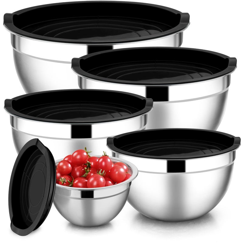 Efar Mixing Bowls with Lids Set of 5 Stainless Steel Black Mixing Bowls Metal Nesting Bowls with Airtight Lids for Cooking Baking Serving Storage  Size 07115346QT  Dishwasher Safe