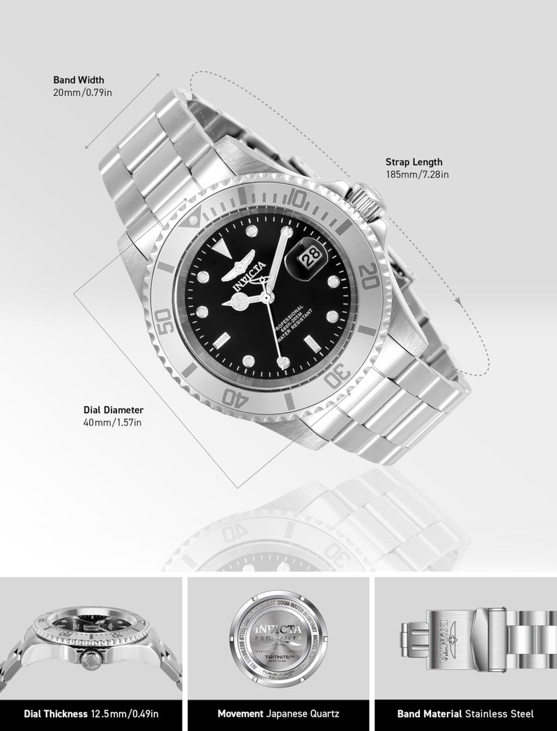Invicta 40mm Men's Pro Diver Black Dial Silver Tone Stainless Steel Watch 34022 - Image 3