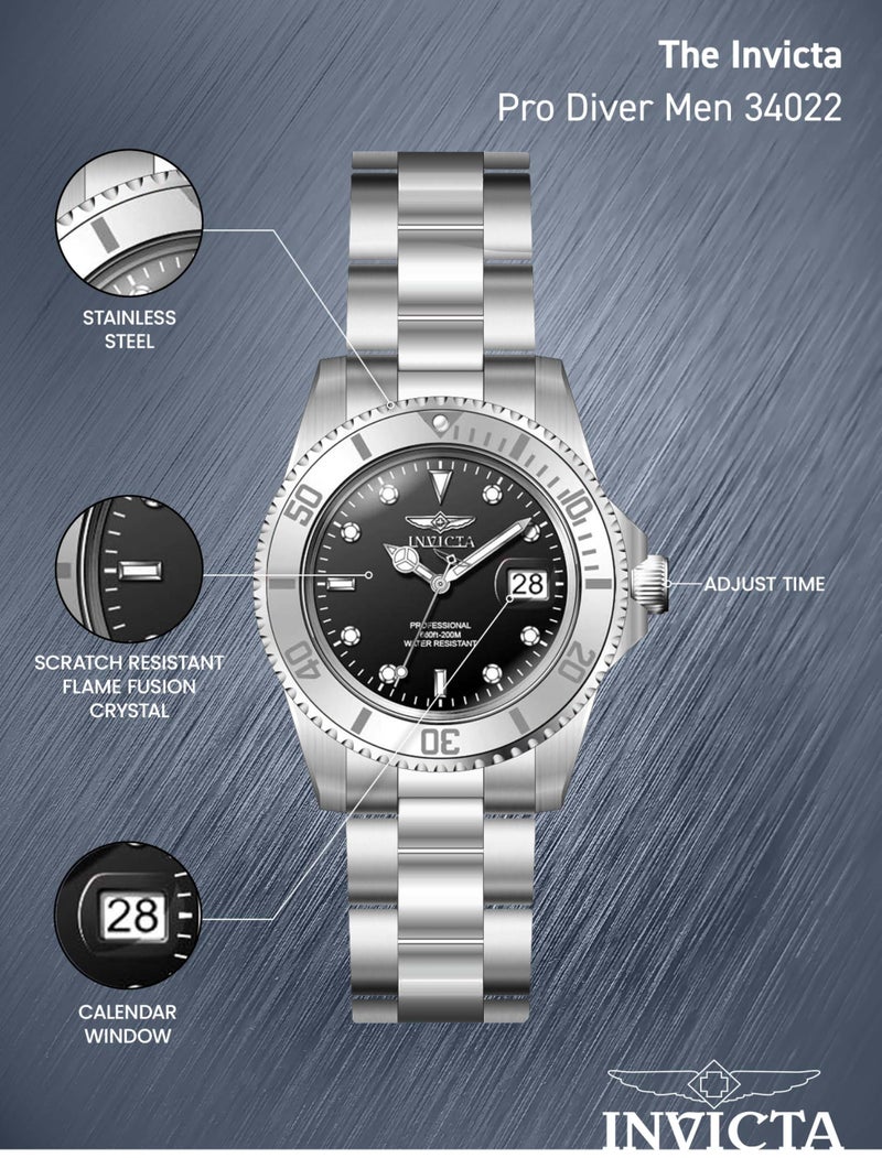 Invicta 40mm Men's Pro Diver Black Dial Silver Tone Stainless Steel Watch 34022 - Image 4