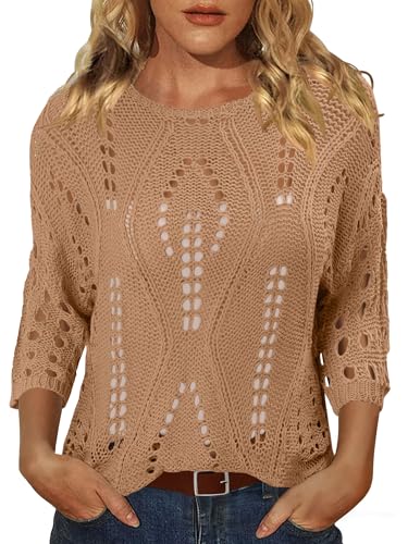 CRAZY GRID Summer Tops Beach Cover Ups for Women 2026 Spring 3/4 Sleeve Crochet Hollow Out Sweaters Crew Neck Loose Fit Clothes Khaki Medium - Image 4