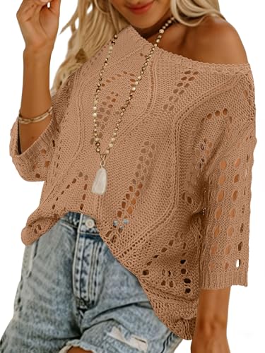 CRAZY GRID Summer Tops Beach Cover Ups for Women 2026 Spring 3/4 Sleeve Crochet Hollow Out Sweaters Crew Neck Loose Fit Clothes Khaki Medium - Image 2