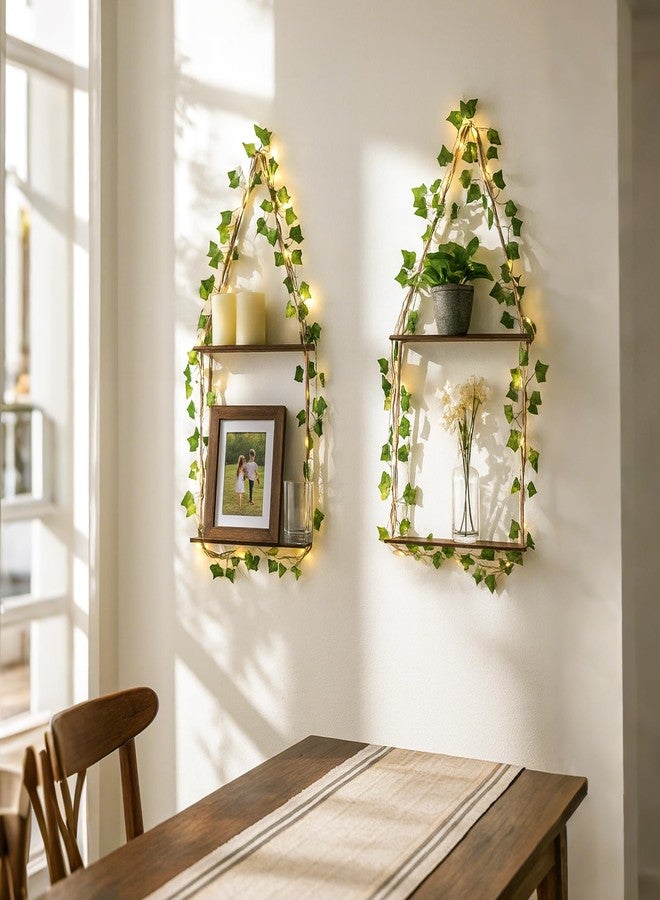 Artilady 2 Pack Artificial Ivy Macrame Hanging Shelves with Lights Boho Wall Decor, 2 Tier Wood Flaoting Shelf Plant Storage Rack for Bedroom Bathroom Living Room Nursery - Image 2