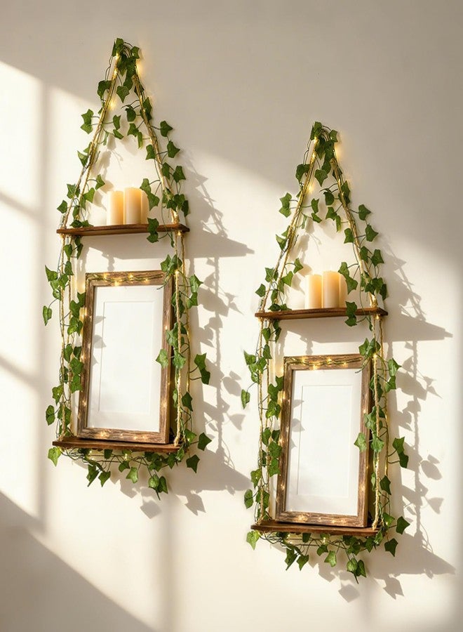 Artilady 2 Pack Artificial Ivy Macrame Hanging Shelves with Lights Boho Wall Decor, 2 Tier Wood Flaoting Shelf Plant Storage Rack for Bedroom Bathroom Living Room Nursery - Image 1