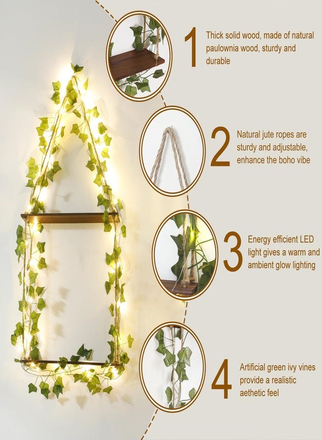Artilady 2 Pack Artificial Ivy Macrame Hanging Shelves with Lights Boho Wall Decor, 2 Tier Wood Flaoting Shelf Plant Storage Rack for Bedroom Bathroom Living Room Nursery - Image 3