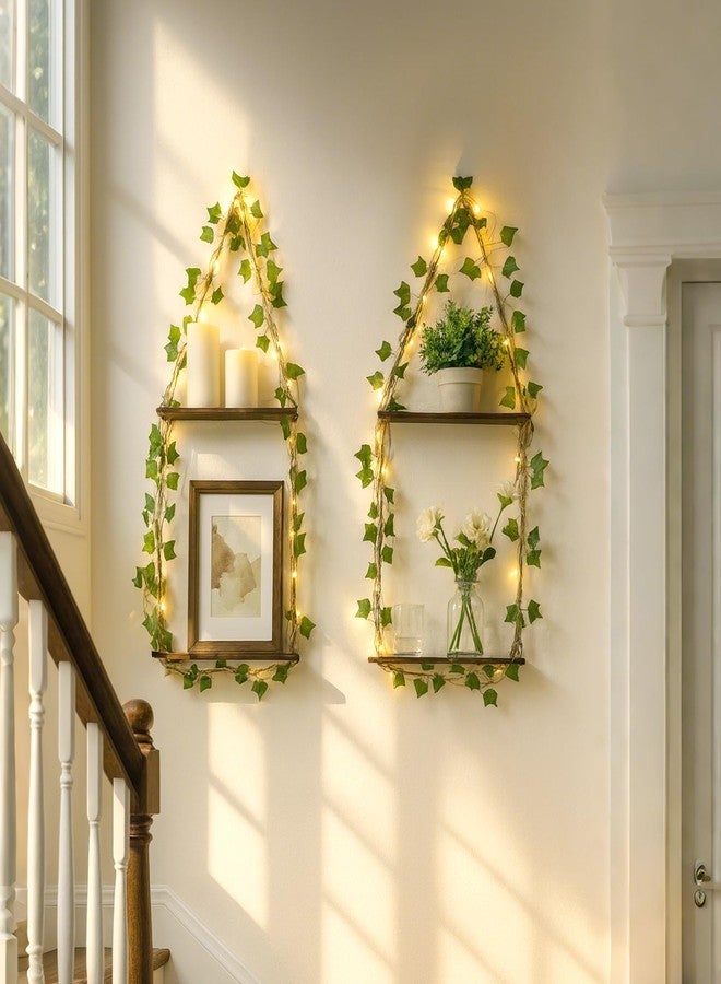 Artilady 2 Pack Artificial Ivy Macrame Hanging Shelves with Lights Boho Wall Decor, 2 Tier Wood Flaoting Shelf Plant Storage Rack for Bedroom Bathroom Living Room Nursery - Image 4