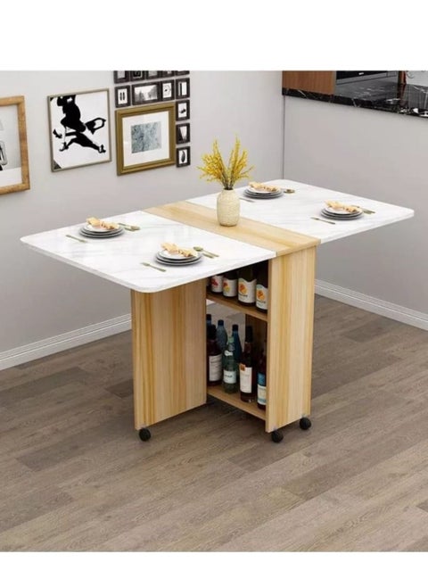 Folding Dining Table Kitchen Island, Versatile Wheels Portable Dinner Table with 6 Wheels and Two-Tier Storage Shelf