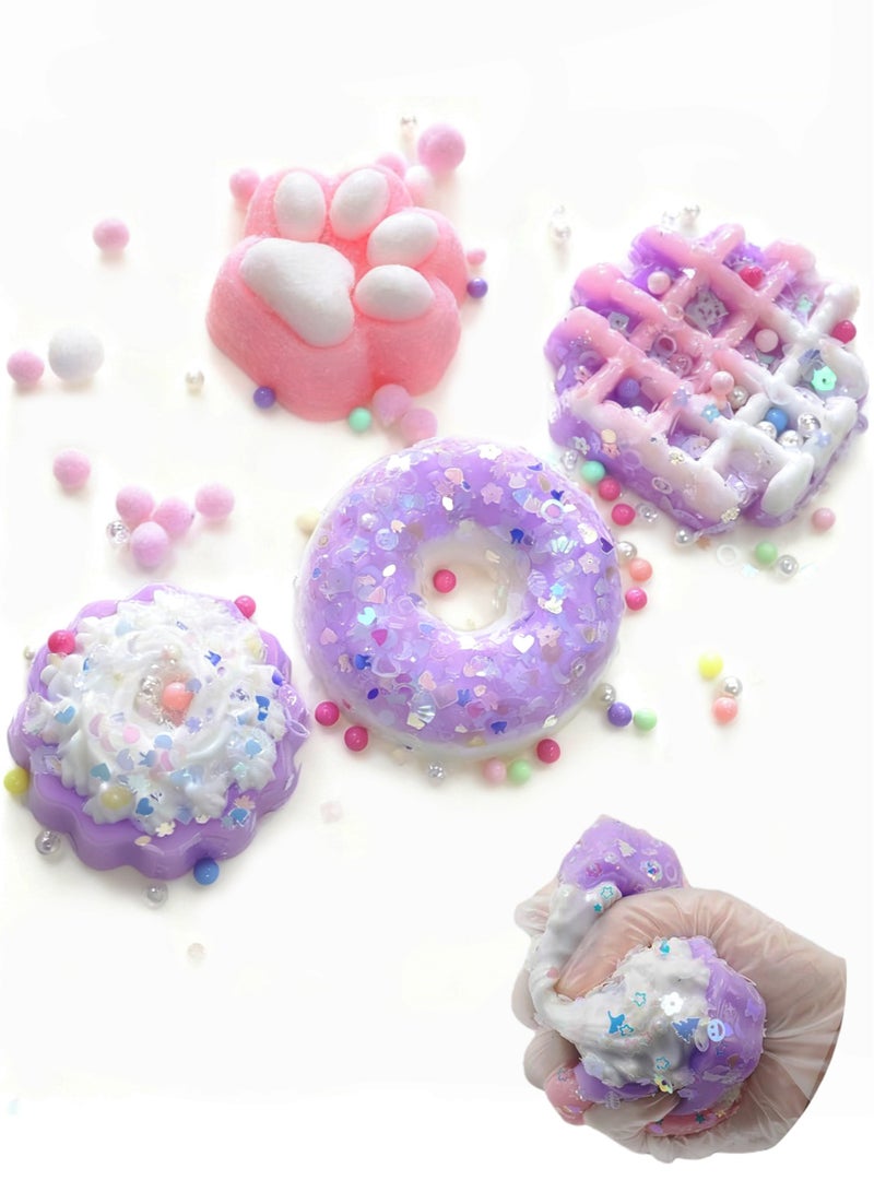 فاميلي مجموعة من 4 ألعاب ضغط، ألعاب طعام لتخفيف التوتر، كعكة دونات وافل لطيفة، ألعاب ضغط لتخفيف التوتر، أقدام قطط ناعمة لتخفيف التوتر، مناسبة للأطفال والكبار والمنزل والمكتب والاسترخاء - Image 1