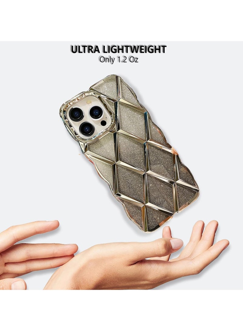 عام غطاء متوافق مع iPhone 15 Pro Max مقاس 6.7 بوصة، إطار متموج، لامع بالذهب الكهربائي وبقع الترتر، غطاء شفاف، ناعم من مادة TPU السيليكون، لطيف، مقاوم للصدمات - Image 3