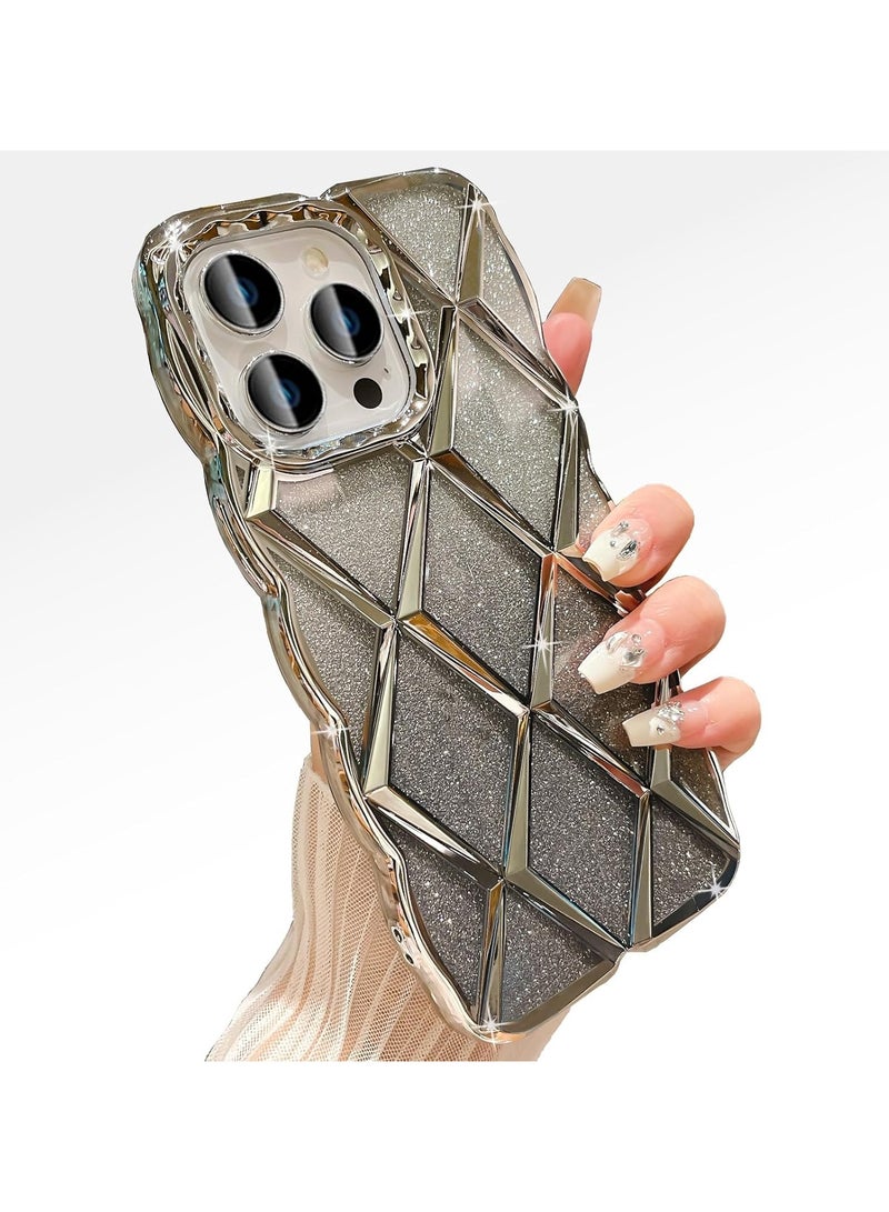 عام غطاء متوافق مع iPhone 15 Pro Max مقاس 6.7 بوصة، إطار متموج، لامع بالذهب الكهربائي وبقع الترتر، غطاء شفاف، ناعم من مادة TPU السيليكون، لطيف، مقاوم للصدمات - Image 1