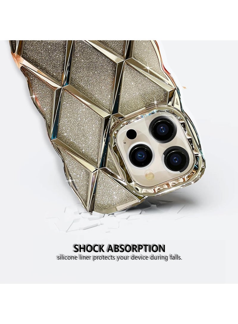 عام غطاء متوافق مع iPhone 15 Pro Max مقاس 6.7 بوصة، إطار متموج، لامع بالذهب الكهربائي وبقع الترتر، غطاء شفاف، ناعم من مادة TPU السيليكون، لطيف، مقاوم للصدمات - Image 2