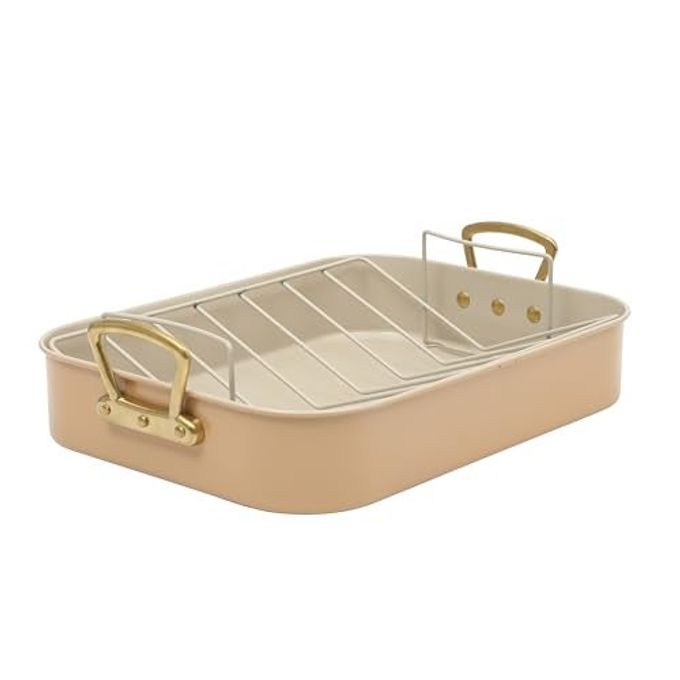 Gibson Home Broxton 2-Piece Nonstick Roaster Pan with Rack  16 x 12 Inch Apricot Turkey Roasting Pan with Cast Aluminum Gold Handles  Oven-Safe, Easy-Clean, Holiday Cookware
