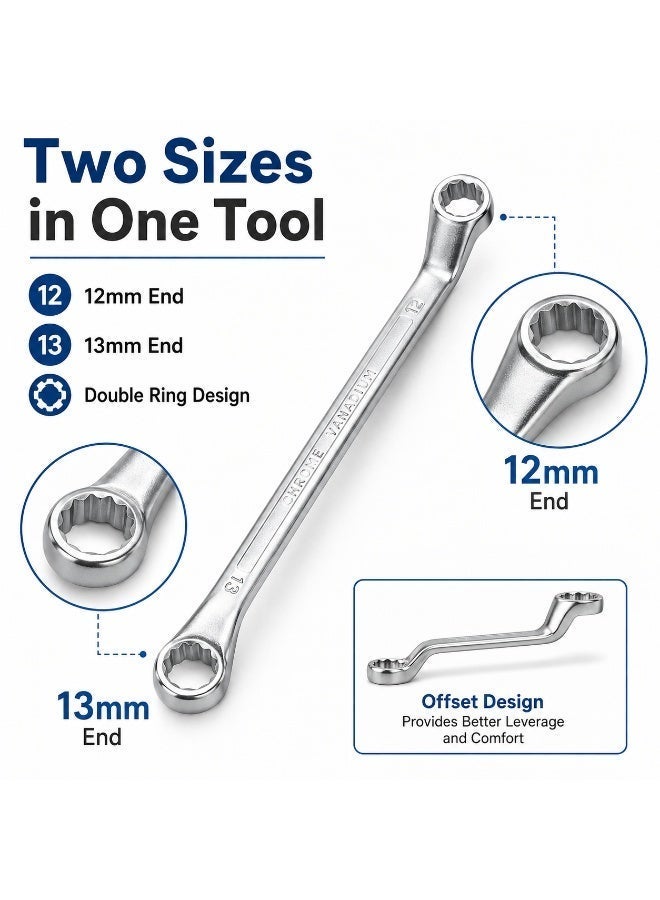 12mm x 13mm Deep Offset Double Box End Wrench, Metric 12-Point Ring Spanner, Heavy Duty Chrome Vanadium Steel Hand Tool for Automotive & Mechanical Repair in Tight Spaces - Image 2