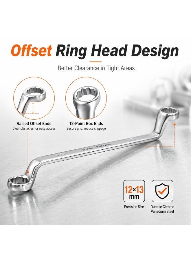 12mm x 13mm Deep Offset Double Box End Wrench, Metric 12-Point Ring Spanner, Heavy Duty Chrome Vanadium Steel Hand Tool for Automotive & Mechanical Repair in Tight Spaces - Image 3