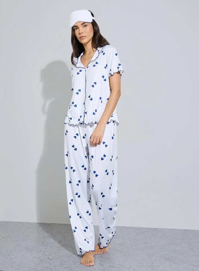 Styli Blue Heart Print Shirt and Pyjama Set
