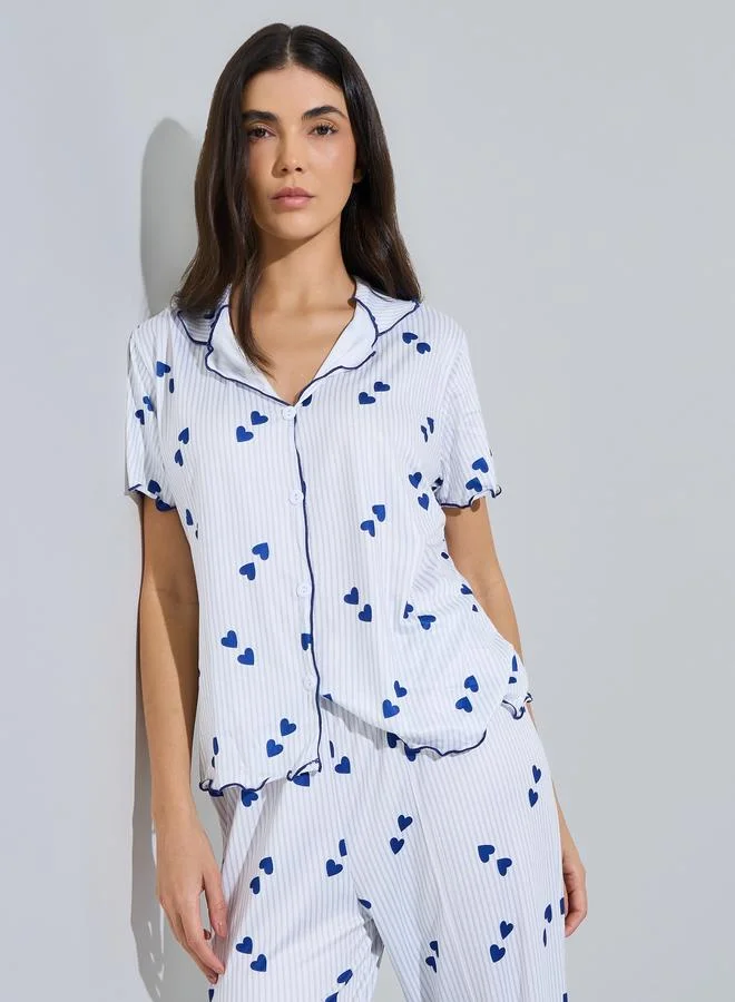 Styli Blue Heart Print Shirt and Pyjama Set