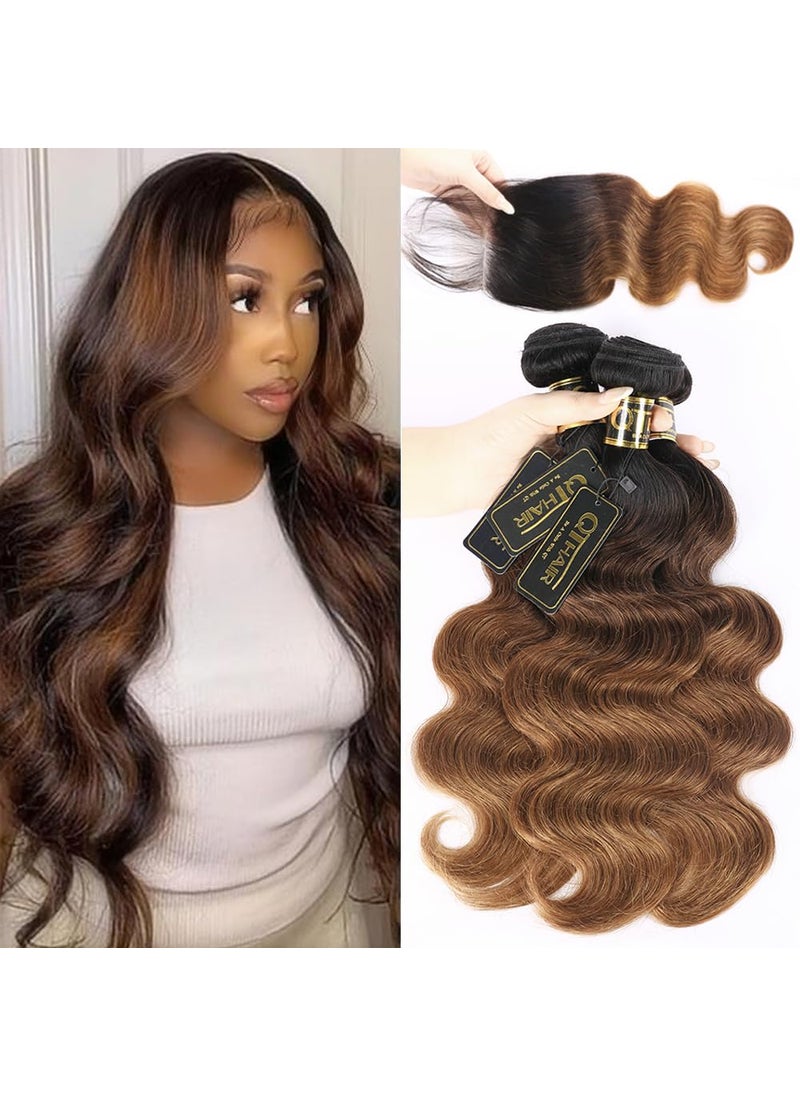 QTHAIR - QTHAIR 16A Ombre Body Wave Human Hair Bundles with 4X4 Lace Closure Free Part (12 14 16+10 Inch, 1B/4/30) Brazilian Virgin Unprocessed Human Hair 3 Tone Ombre Bundles with Closure - Image 1
