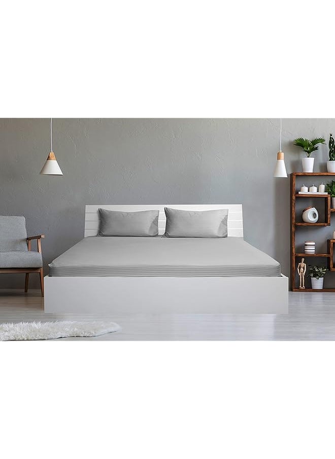 Hotel Linen Klub Double Fitted Sheet 1Pc 100 Percent Cotton 250Tc Sateen 1Cm Stripe Size: 150X200+30Cm Silver  - Image 1